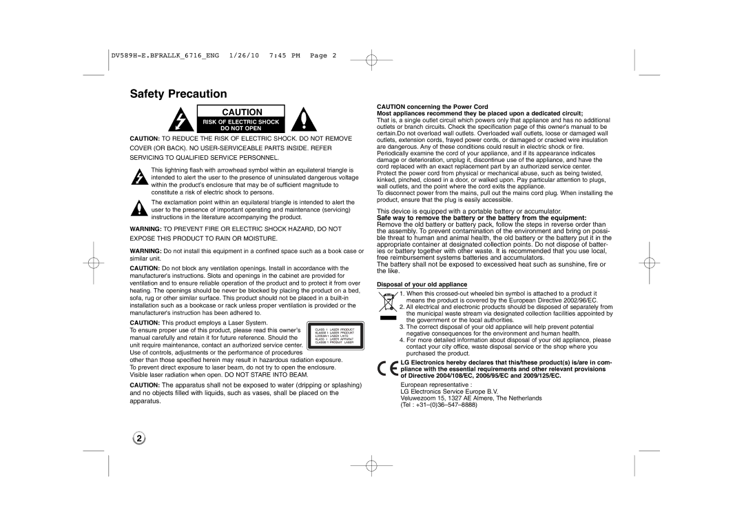 LG Electronics DVT589H owner manual Safety Precaution, Risk of Electric Shock Do not Open 