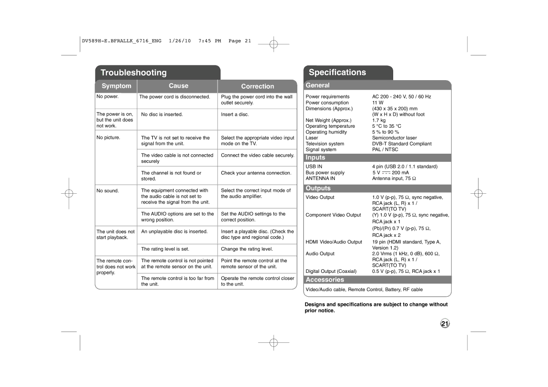 LG Electronics DVT589H owner manual Troubleshooting, Specifications 