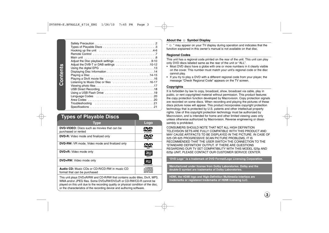 LG Electronics DVT589H owner manual Types of Playable Discs, About the Symbol Display Regional Codes, Copyrights 