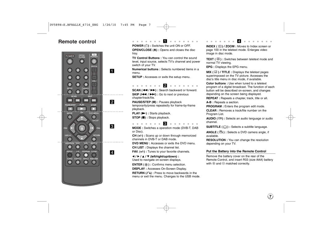 LG Electronics DVT589H owner manual Remote control, Put the Battery into the Remote Control 