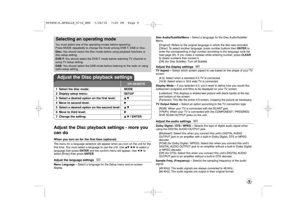 LG Electronics DVT589H owner manual Adjust the Disc playback settings, Selecting an operating mode 