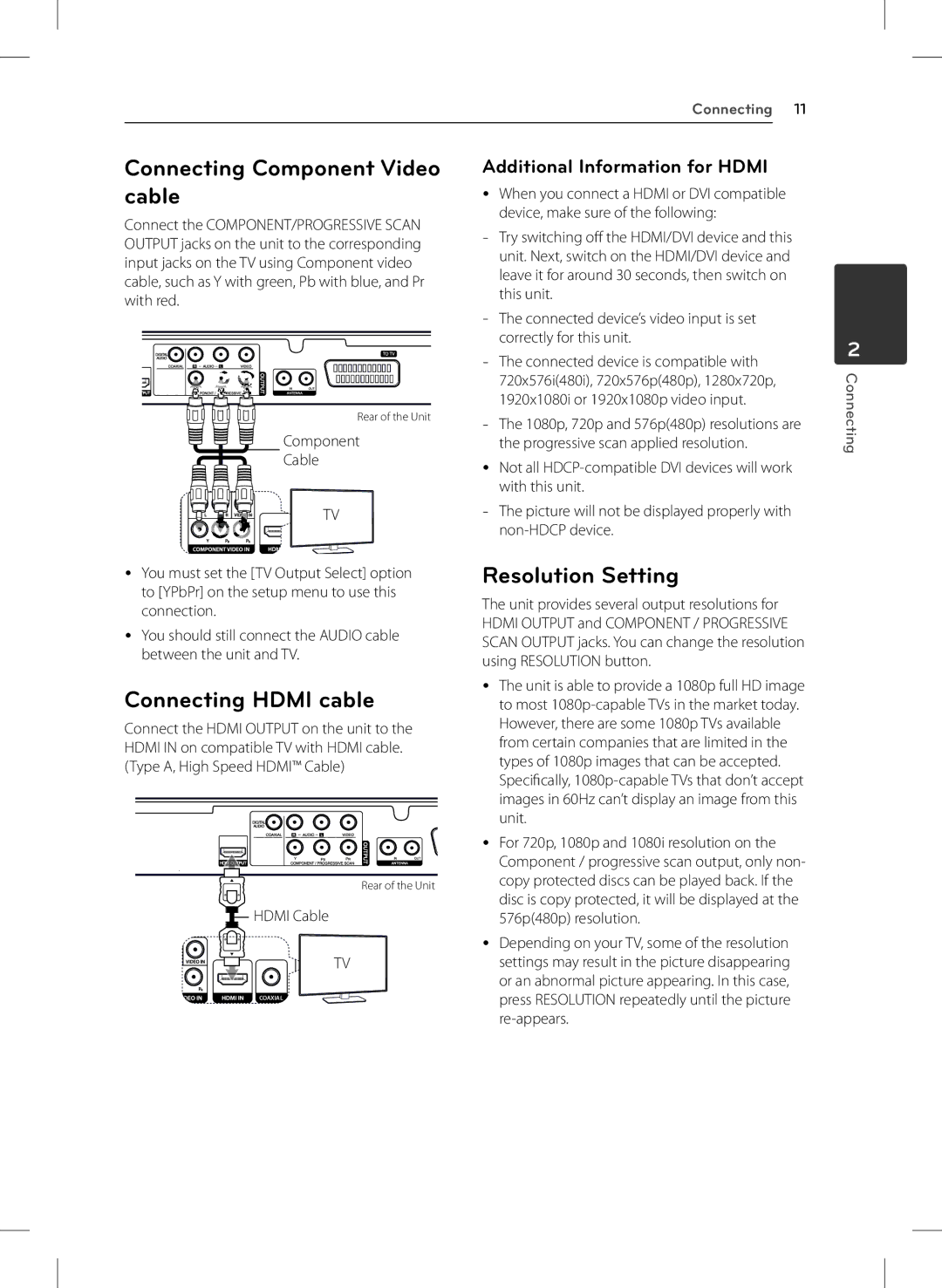 LG Electronics DVT699H owner manual Connecting Component Video cable, Connecting Hdmi cable, Resolution Setting, Hdmi Cable 