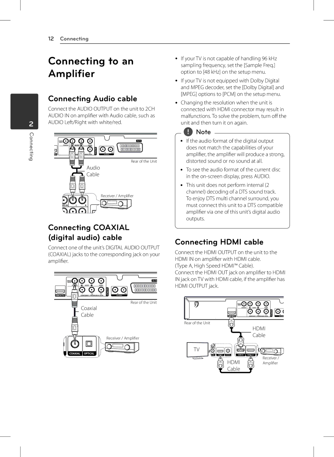 LG Electronics DVT699H owner manual Connecting to an, Amplifier, Connecting Audio cable 