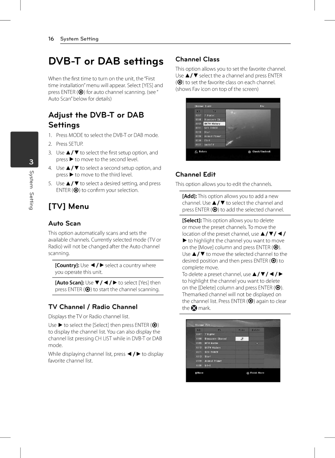 LG Electronics DVT699H owner manual DVB-T or DAB settings, Adjust the DVB-T or DAB Settings, TV Menu 