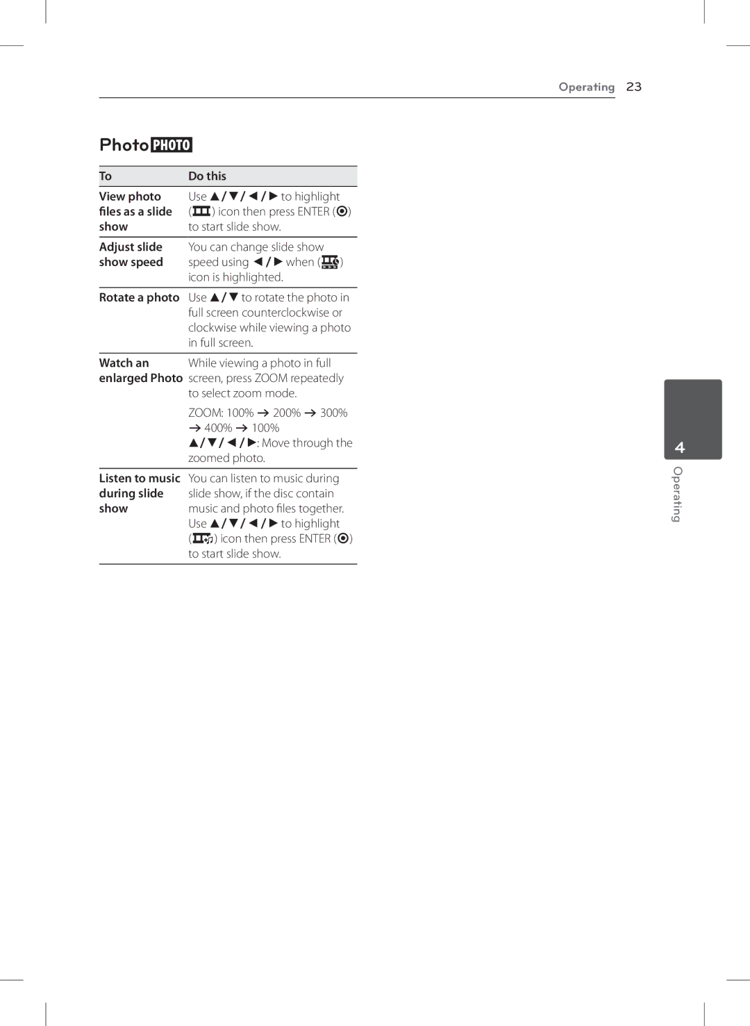 LG Electronics DVT699H owner manual Photoi, View photo Use w/s/a/dto highlight, ` icon then press Enter b 