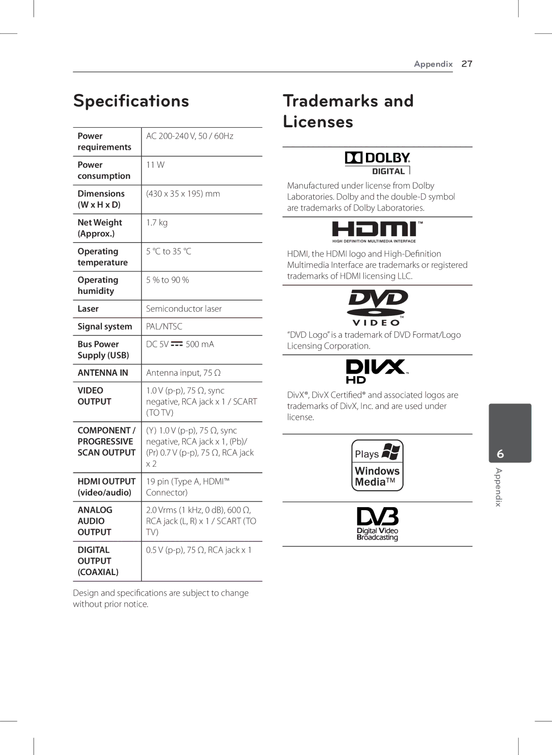 LG Electronics DVT699H owner manual Specifications, Trademarks Licenses 