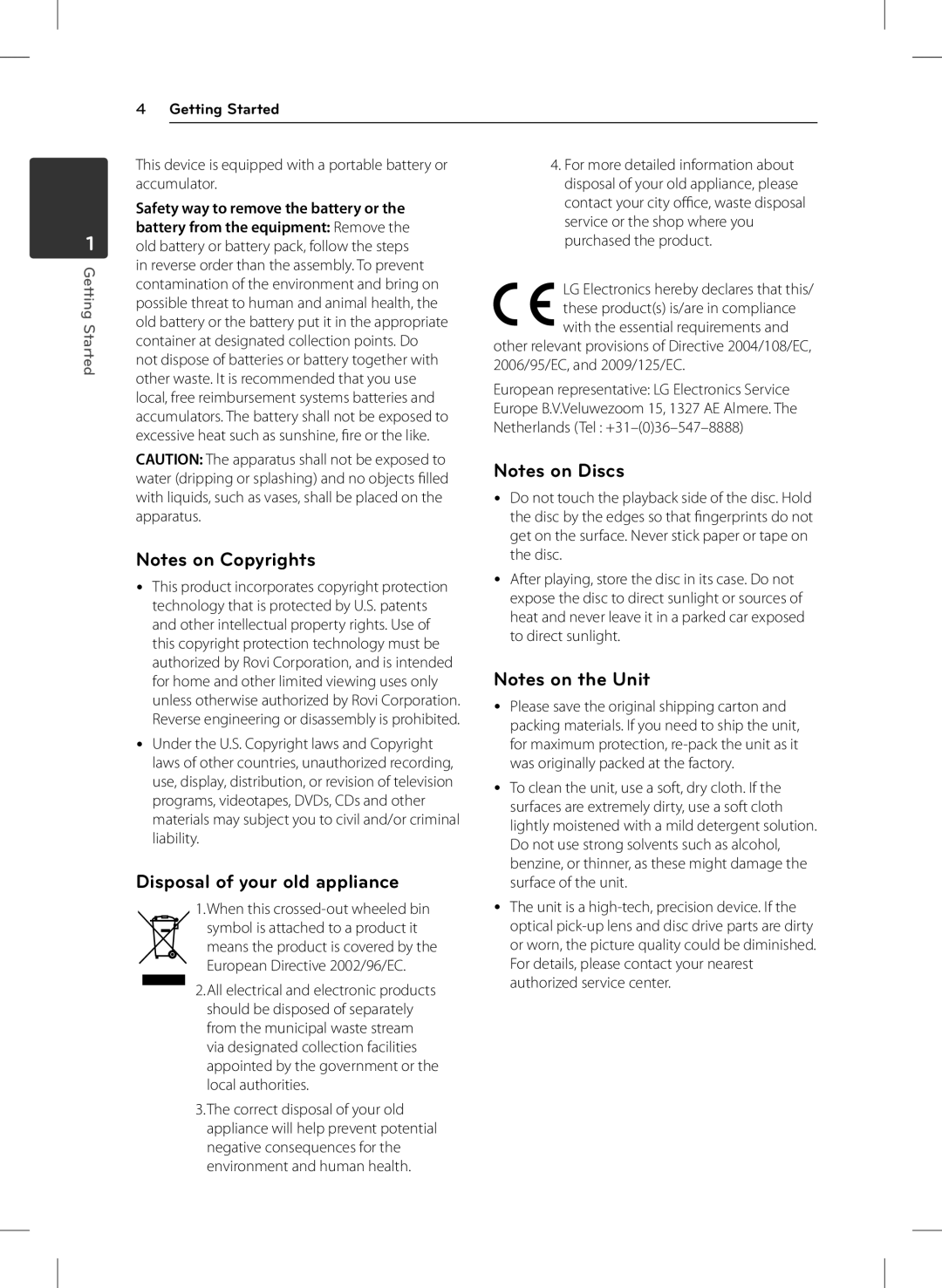 LG Electronics DVT699H owner manual Disposal of your old appliance, Getting Started, Safety way to remove the battery or 