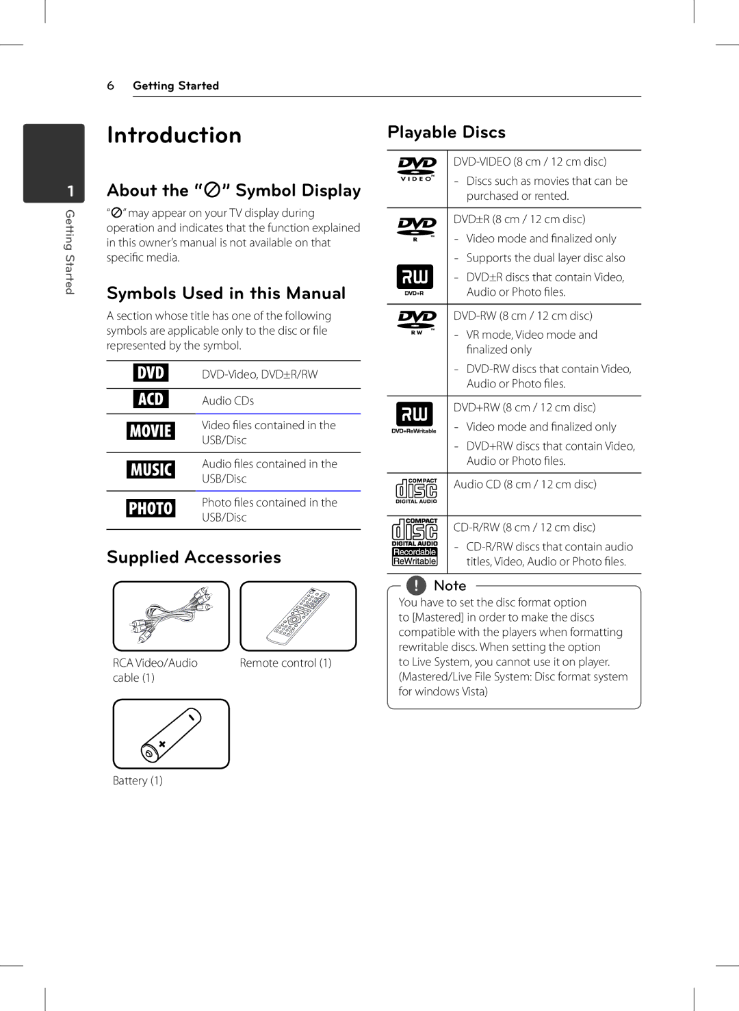 LG Electronics DVT699H Introduction, About the 7 Symbol Display Symbols Used in this Manual, Supplied Accessories 