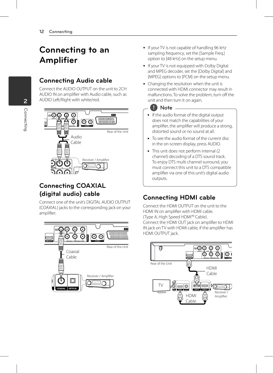 LG Electronics DVT699H Connecting to an, Amplifier, Connecting Audio cable, Connecting COAXIAL digital audio cable 