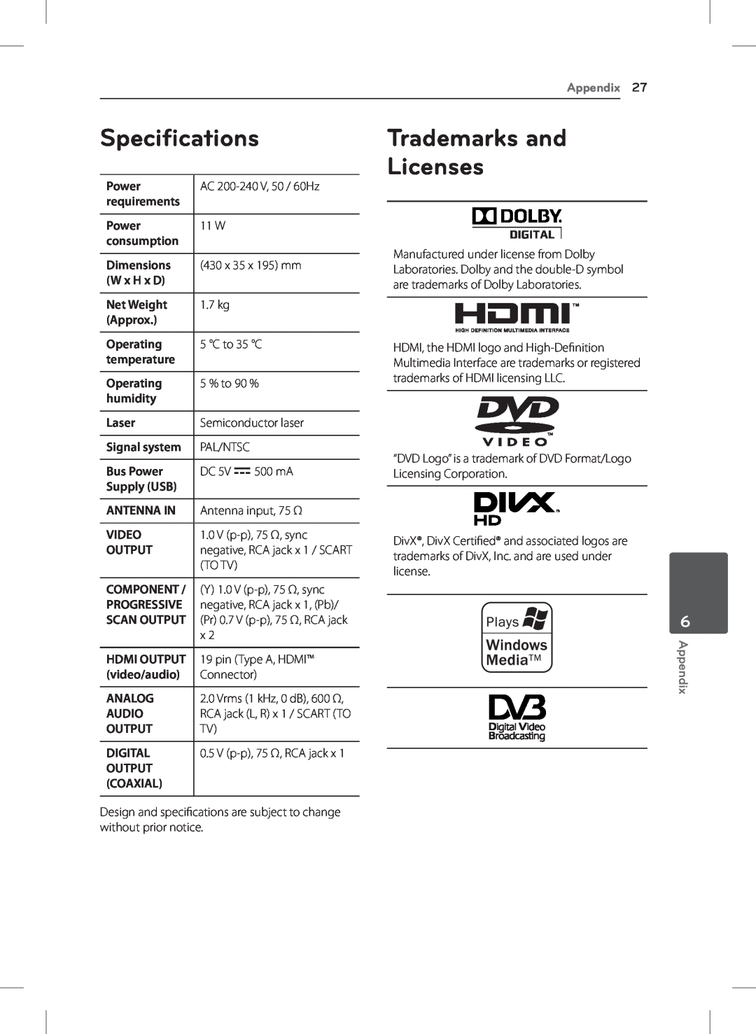 LG Electronics DVT699H owner manual Specifications, Trademarks and Licenses, Appendix 