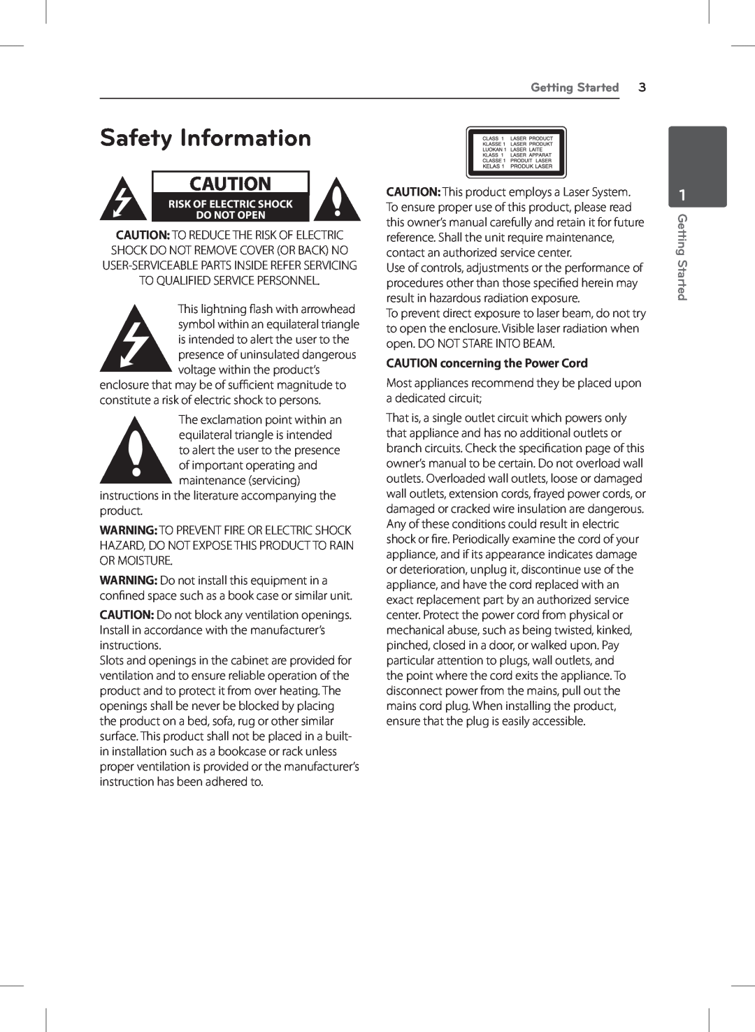 LG Electronics DVT699H owner manual Safety Information, CAUTION concerning the Power Cord, Getting Started 