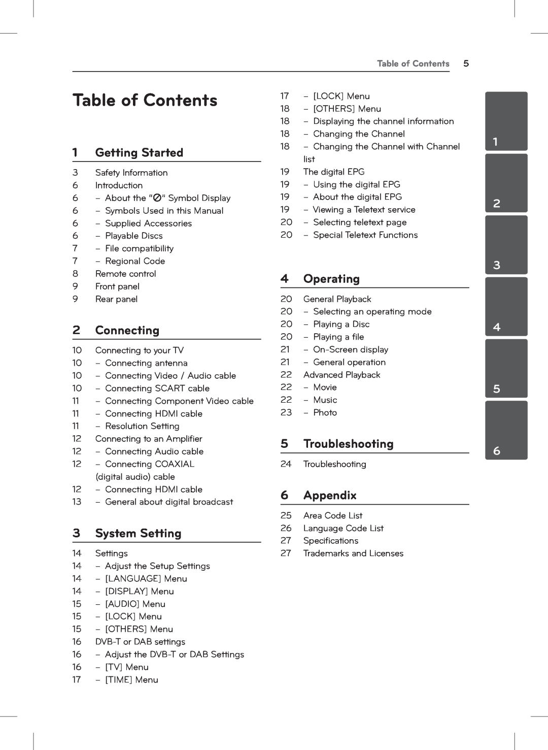 LG Electronics DVT699H owner manual Table of Contents, Getting Started, Operating, Connecting, Troubleshooting, Appendix 