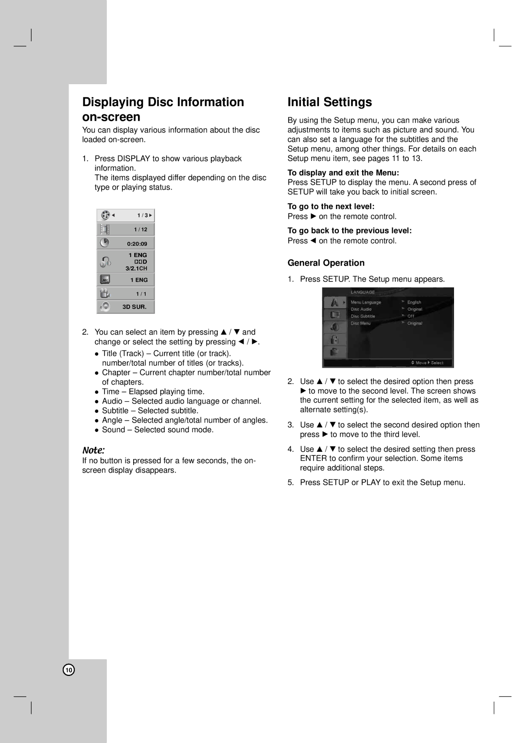 LG Electronics DVX162, DVX172 Displaying Disc Information on-screen, Initial Settings, To display and exit the Menu 