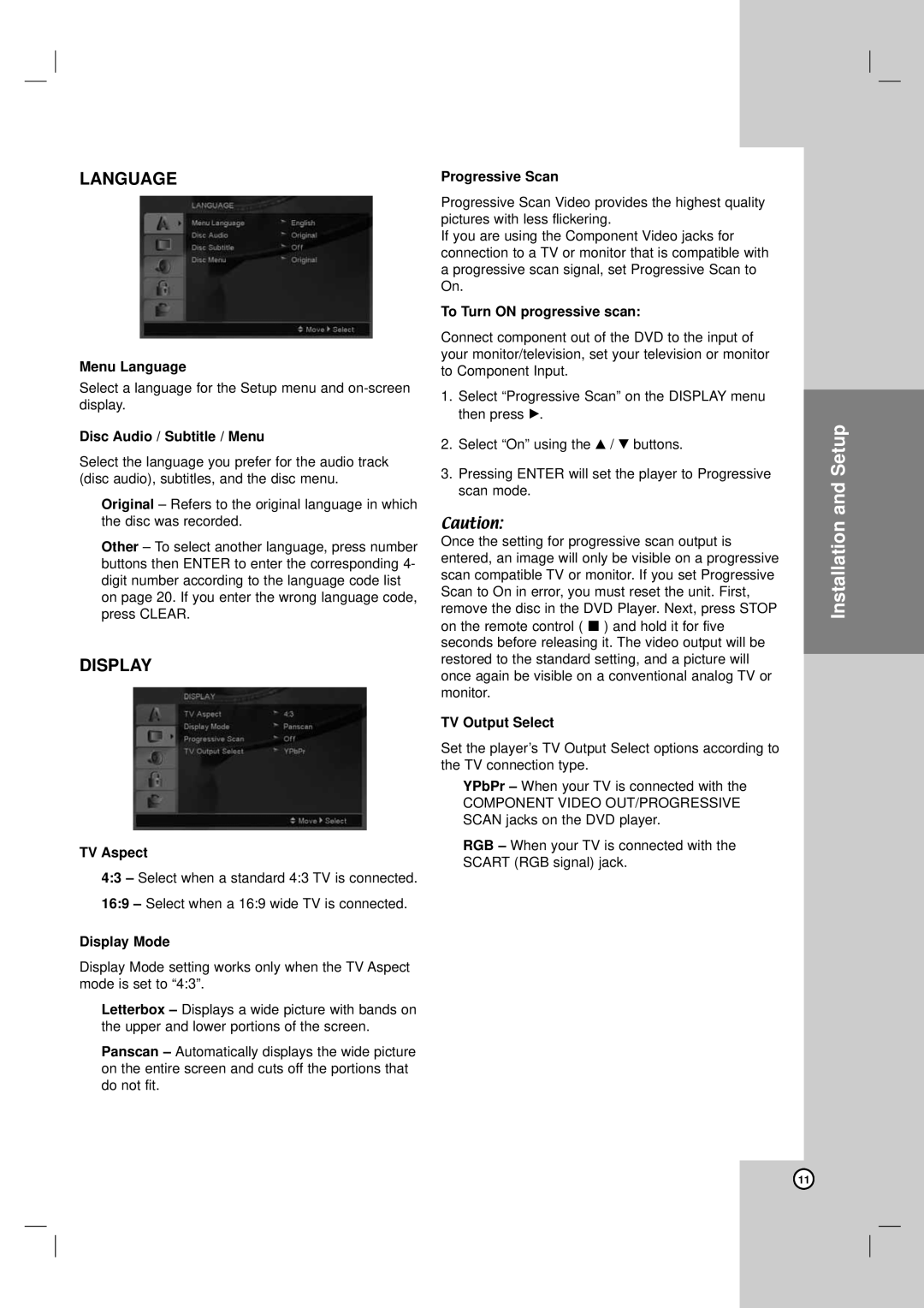 LG Electronics DVX172 Menu Language, Disc Audio / Subtitle / Menu, TV Aspect, Display Mode, To Turn on progressive scan 