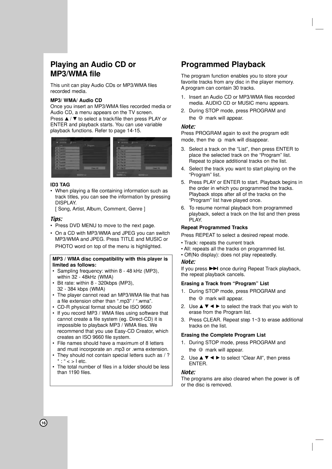 LG Electronics DVX162, DVX172 owner manual Playing an Audio CD or MP3/WMA file, Programmed Playback 