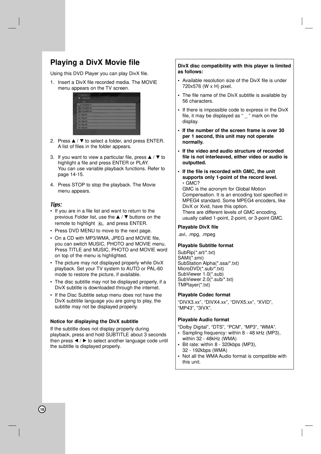 LG Electronics DVX162 Playing a DivX Movie file, Playable DivX file, Playable Subtitle format, Playable Codec format 