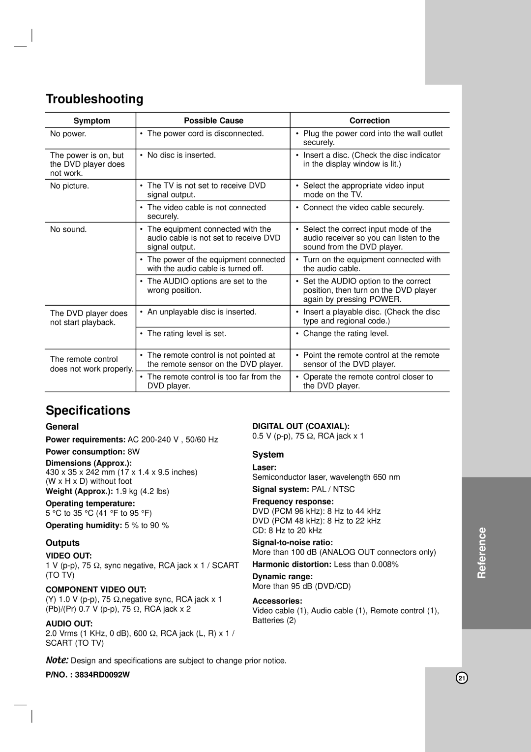 LG Electronics DVX172, DVX162 owner manual Troubleshooting, Specifications, No RD0092W 