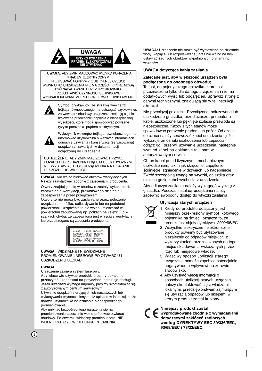 LG Electronics DVX172, DVX162 owner manual Uwaga, Utylizacja starych urządzeń 