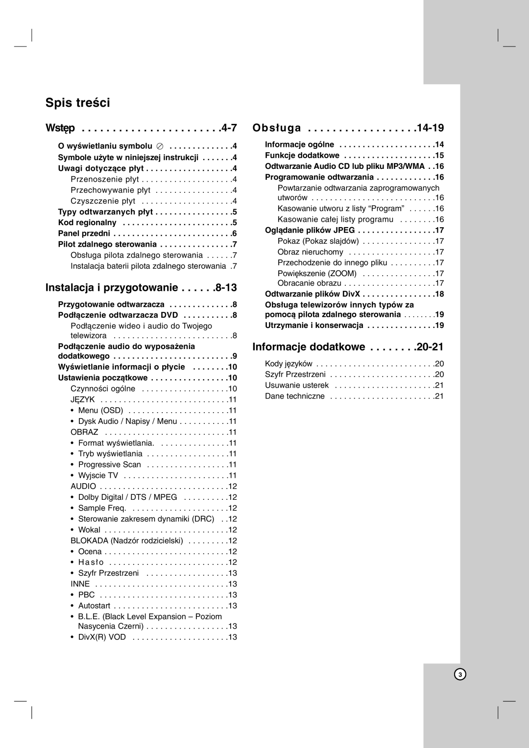 LG Electronics DVX162, DVX172 owner manual Spis treści, Oglądanie plików Jpeg 