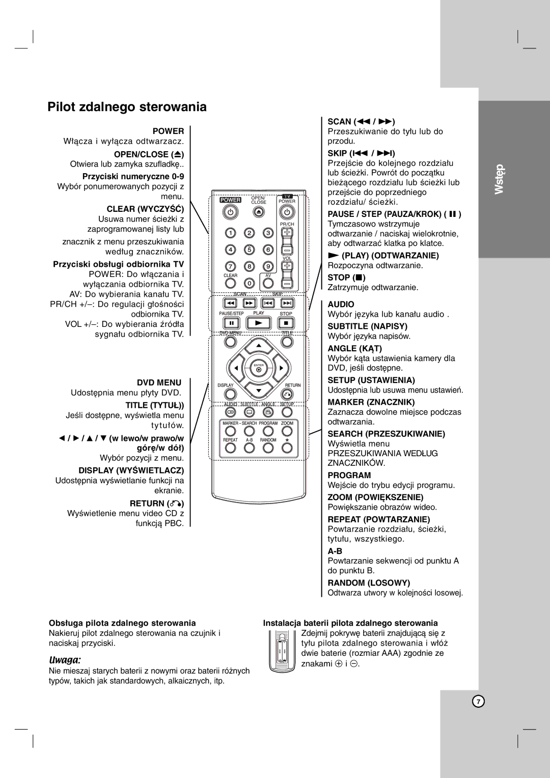 LG Electronics DVX162, DVX172 owner manual Pilot zdalnego sterowania, V / V w lewo/w prawo/w górę/w dół, Scan m / M, Skip 