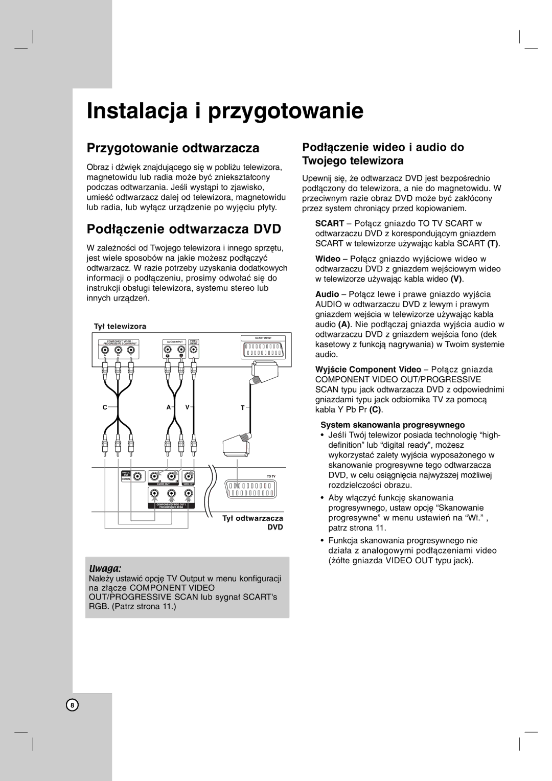 LG Electronics DVX172 Przygotowanie odtwarzacza, Podłączenie odtwarzacza DVD, Wyjście Component Video Połącz gniazda 