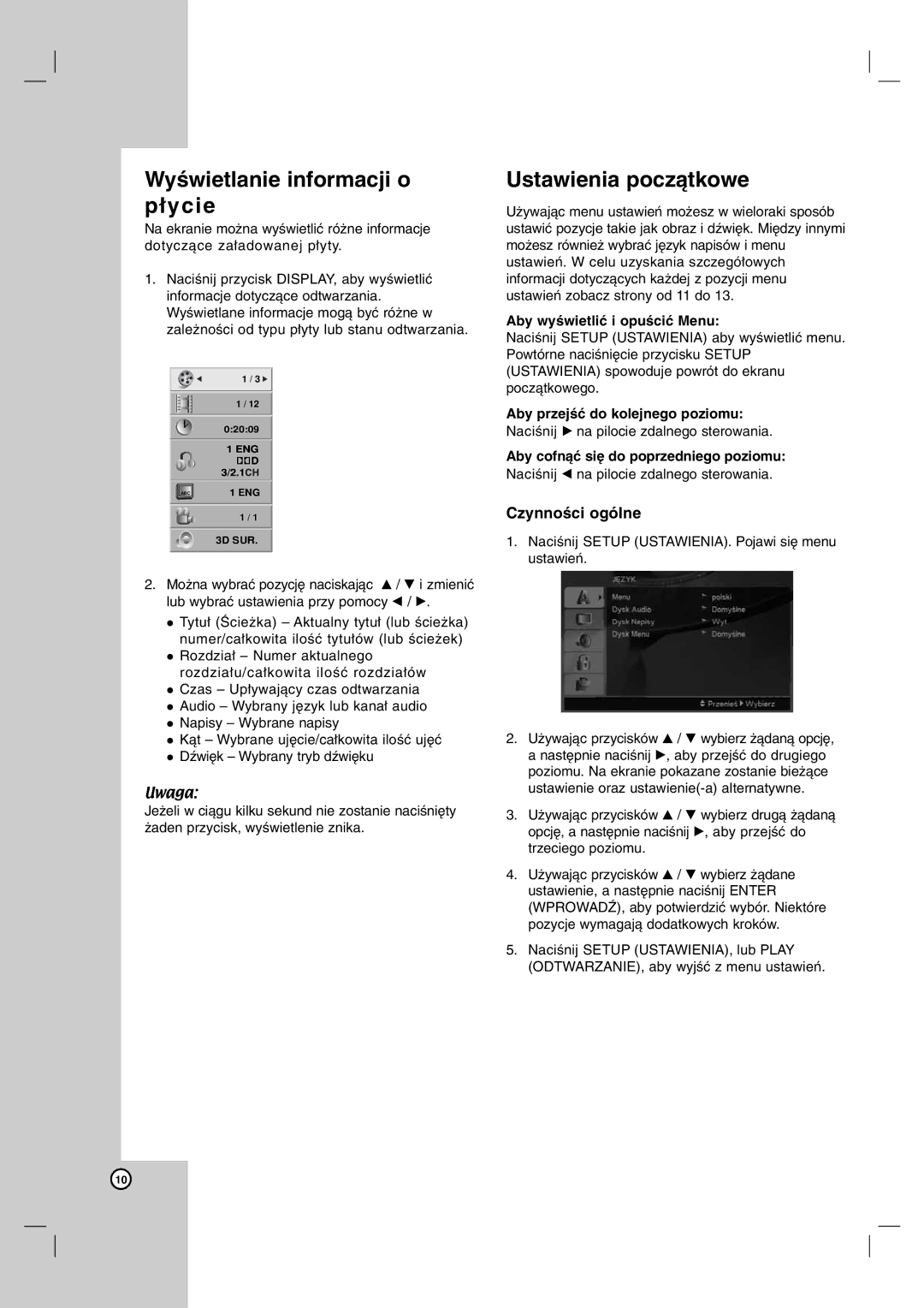 LG Electronics DVX172, DVX162 Wyświetlanie informacji o płycie, Ustawienia początkowe, Aby wyświetlić i opuścić Menu 