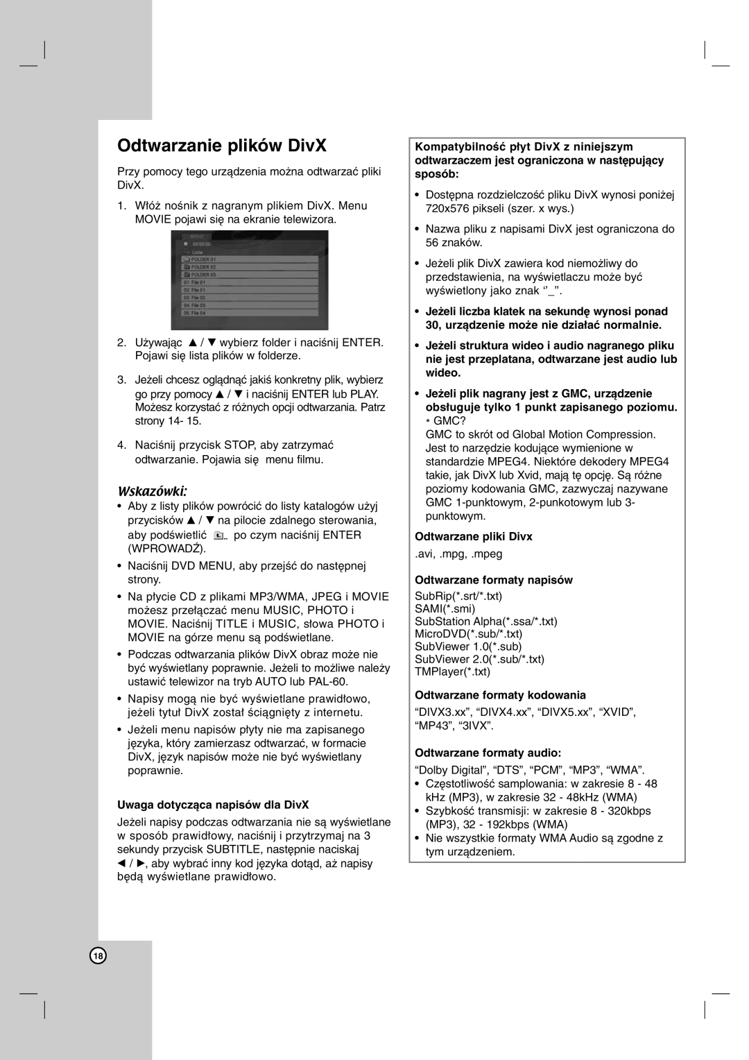 LG Electronics DVX172, DVX162 owner manual Odtwarzanie plików DivX 