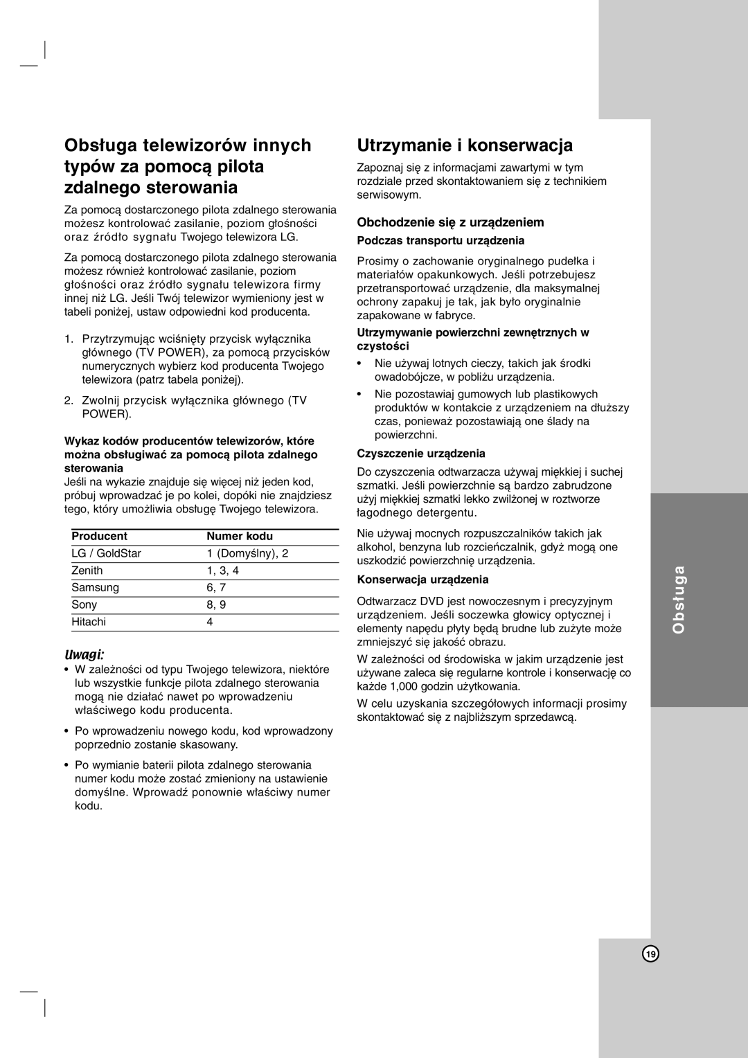 LG Electronics DVX162, DVX172 owner manual Utrzymanie i konserwacja 