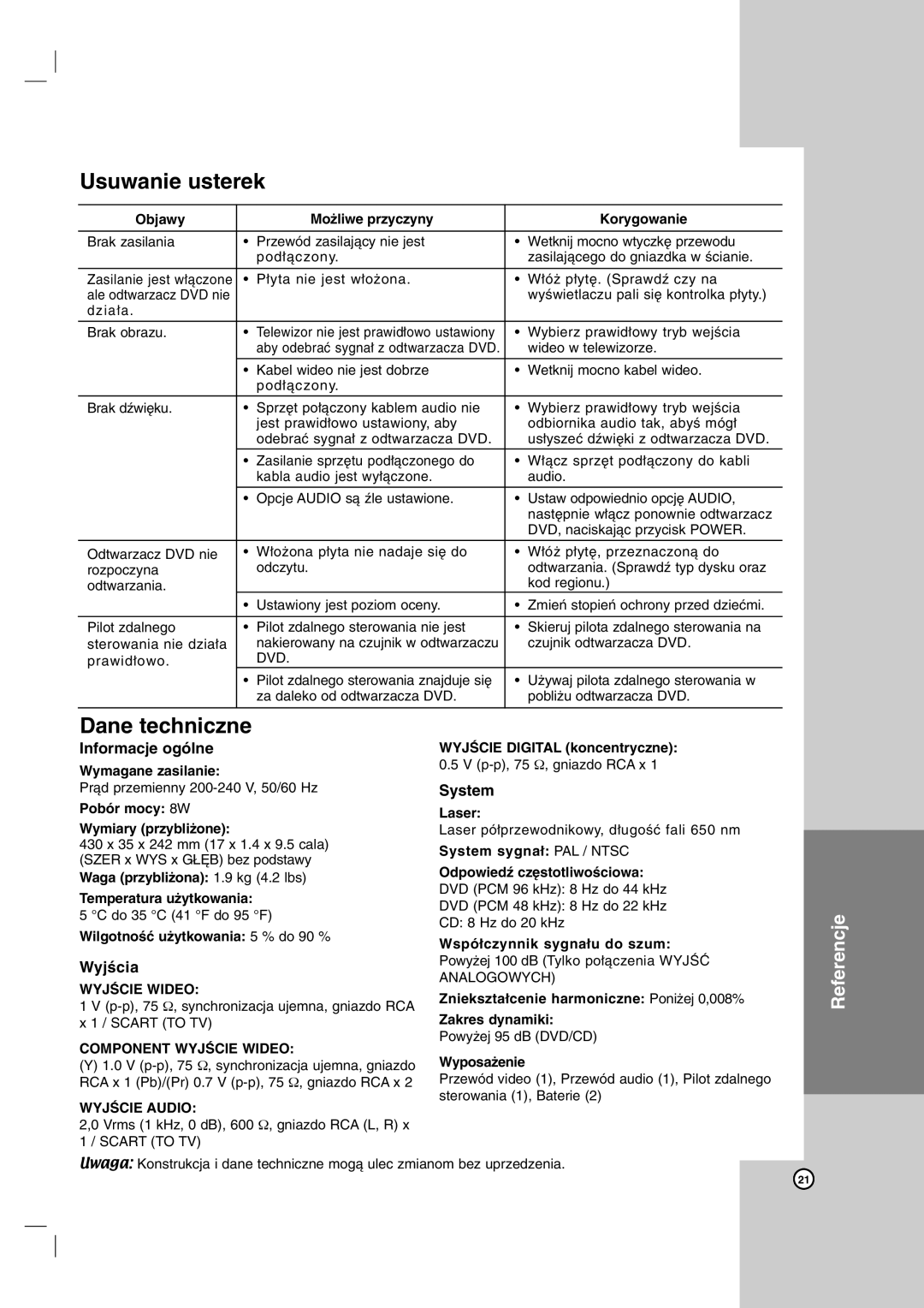 LG Electronics DVX162, DVX172 owner manual Usuwanie usterek, Dane techniczne 