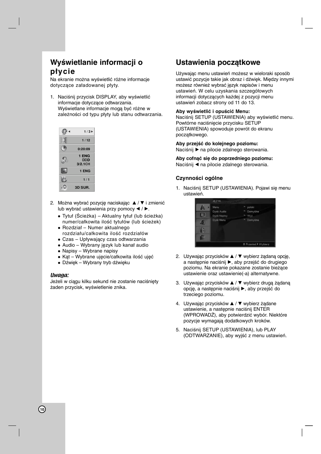 LG Electronics DVX172, DVX162 owner manual Wyświetlanie informacji o płycie, Ustawienia początkowe, Czynności ogólne 