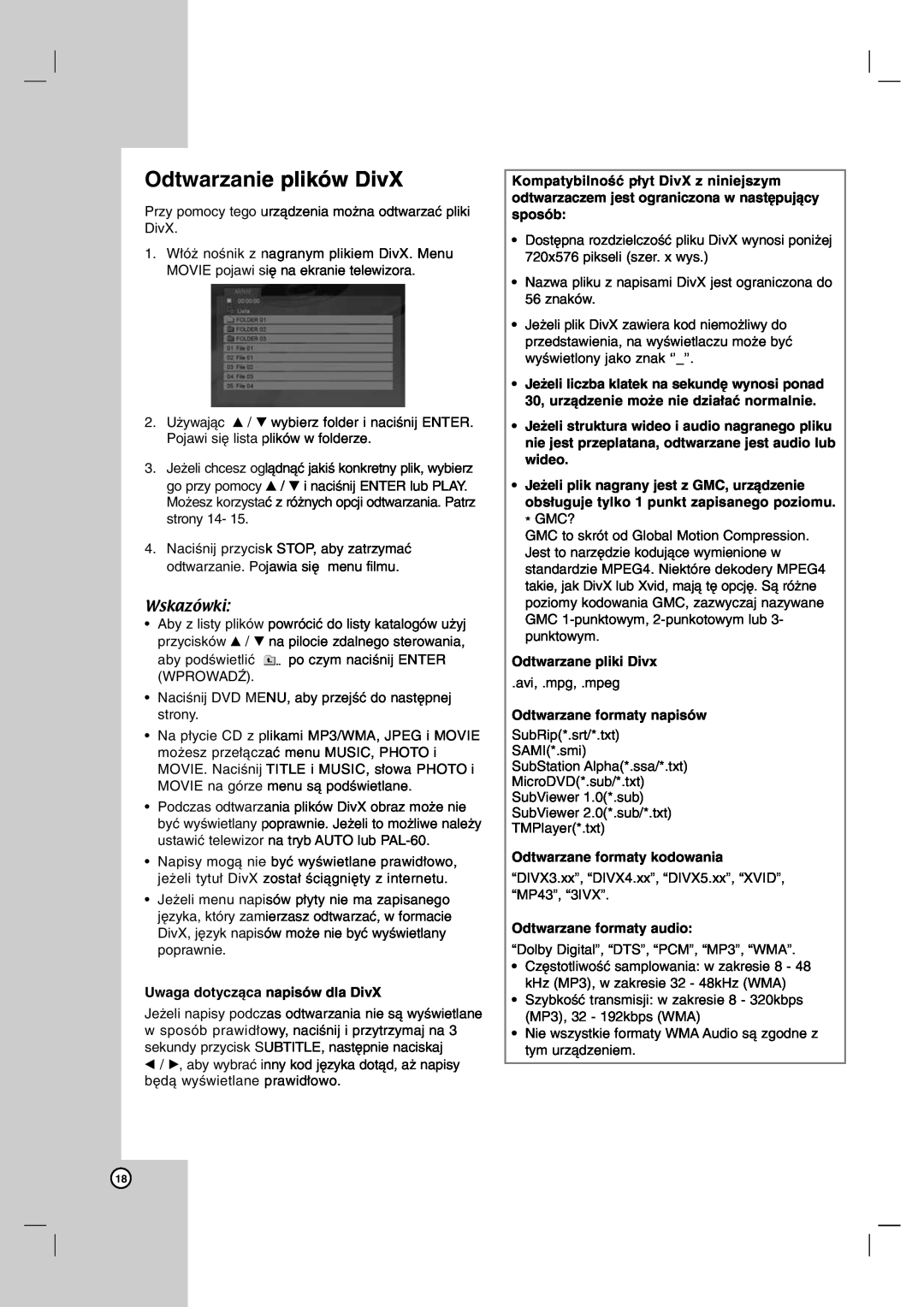 LG Electronics DVX172, DVX162 owner manual Odtwarzanie plików DivX, Uwaga dotycząca napisów dla DivX, Odtwarzane pliki Divx 