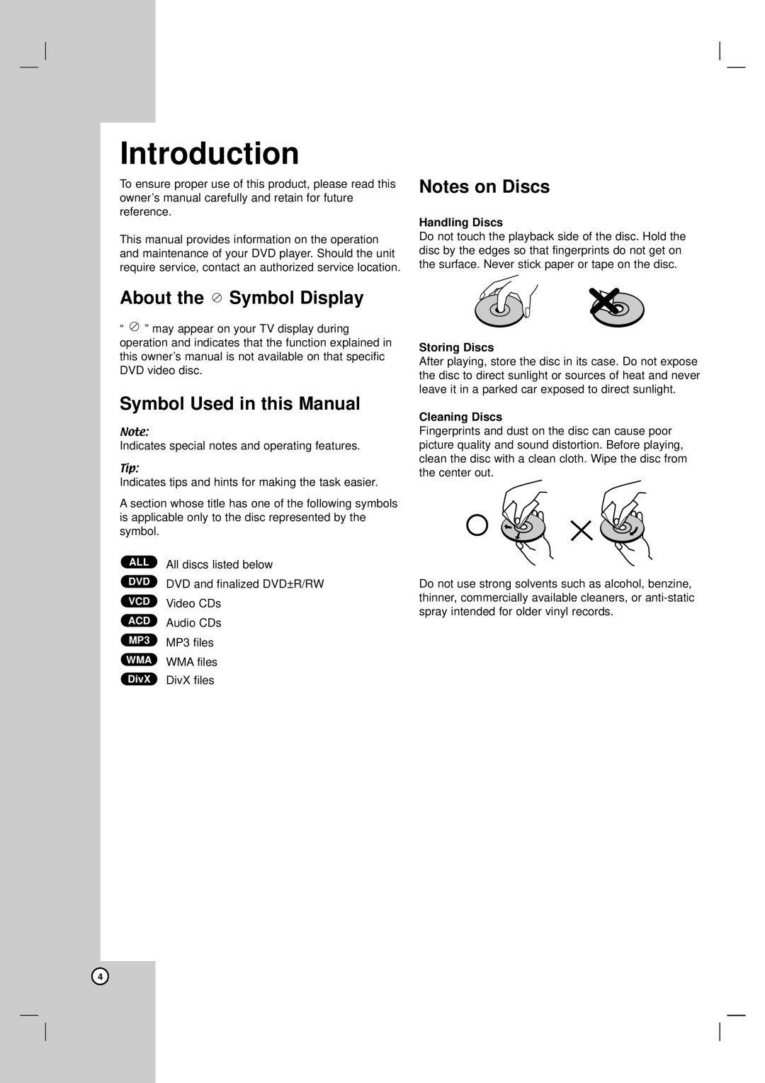 LG Electronics DVX162 Introduction, About the Symbol Display, Symbol Used in this Manual, Notes on Discs, Handling Discs 
