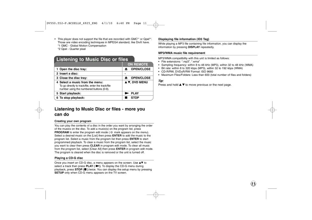 LG Electronics DVX552, DVX550 owner manual Listening to Music Disc or files more you can do 