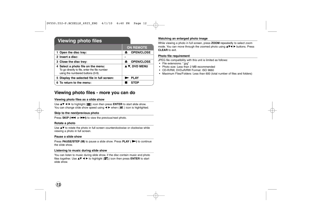 LG Electronics DVX550, DVX552 owner manual Viewing photo files more you can do 