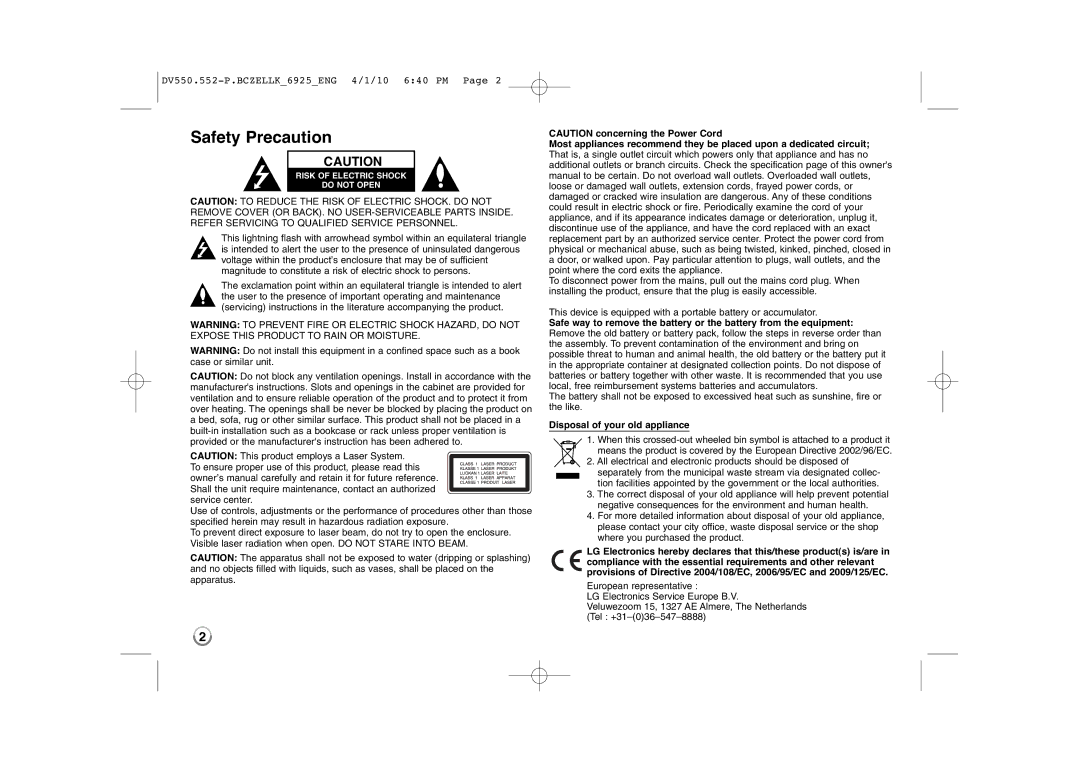 LG Electronics DVX550, DVX552 owner manual Safety Precaution, Disposal of your old appliance 