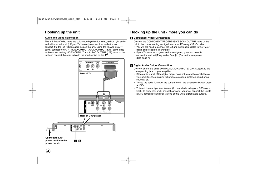 LG Electronics DVX550 Hooking up the unit more you can do, Audio and Video Connection, Component Video Connections 