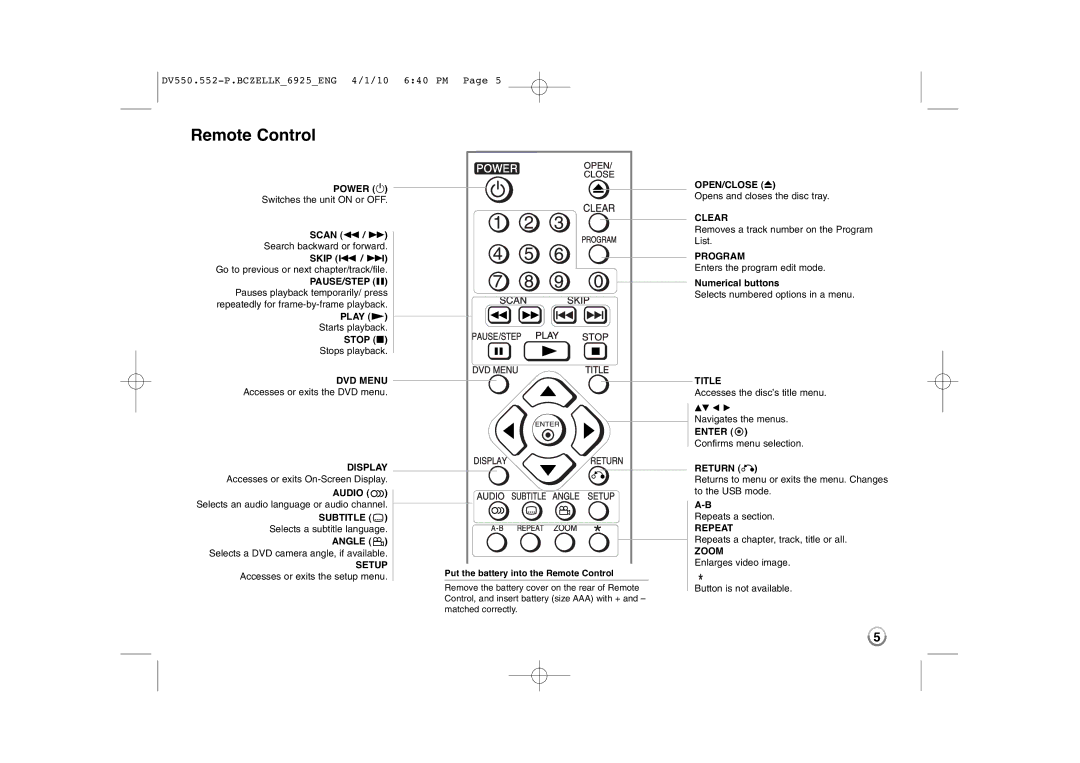 LG Electronics DVX552, DVX550 owner manual Remote Control 