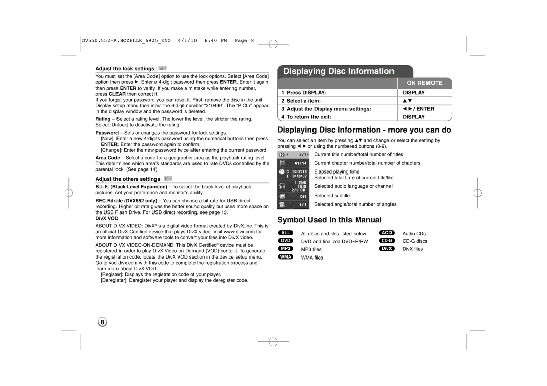 LG Electronics DVX550, DVX552 owner manual Displaying Disc Information more you can do, Symbol Used in this Manual 