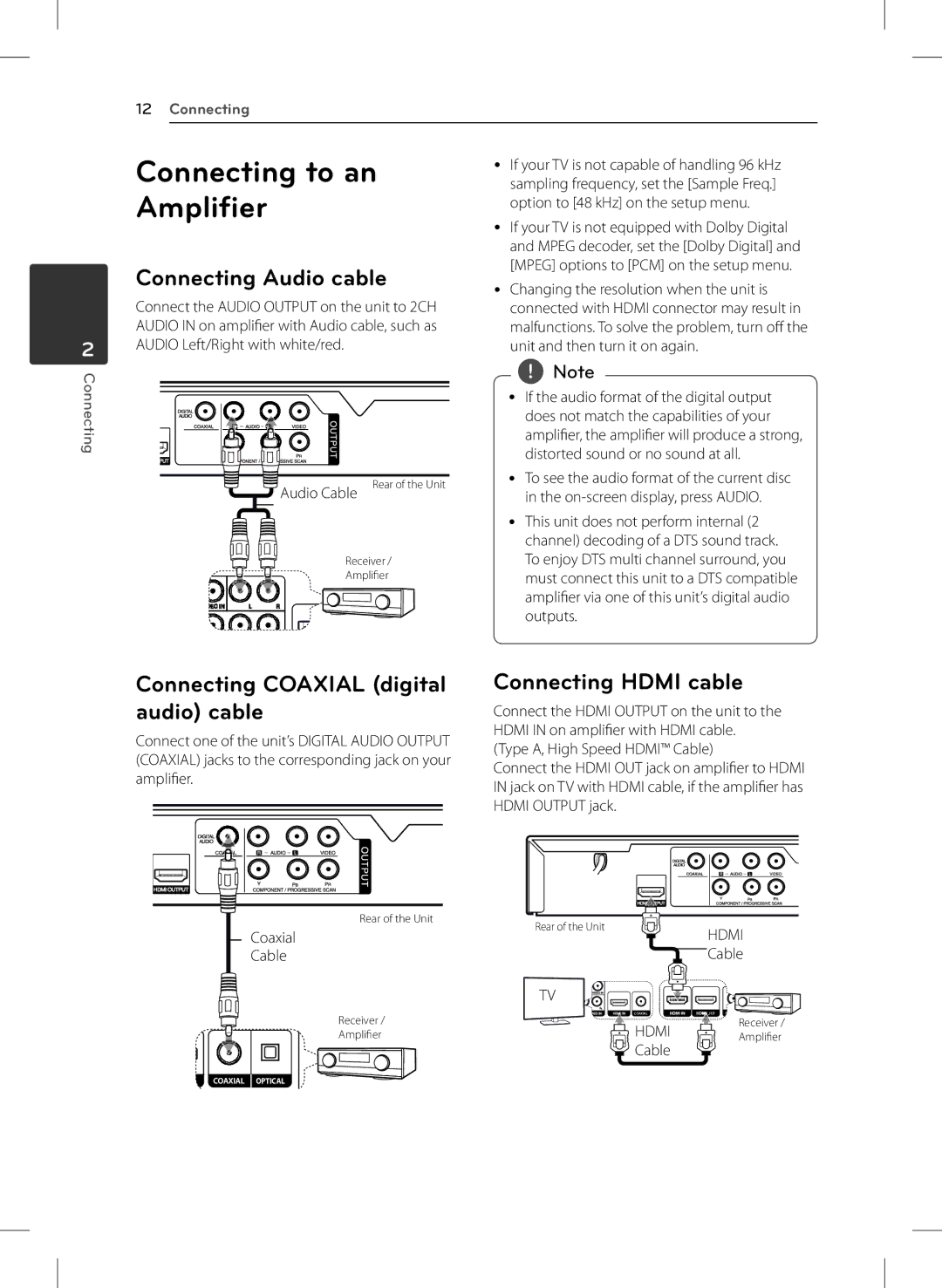 LG Electronics DVX642H Connecting to an, Amplifier, Connecting Audio cable, Connecting Coaxial digital audio cable 