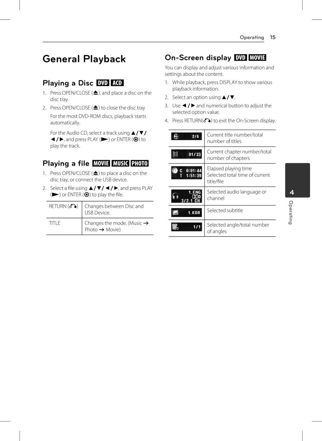 LG Electronics DVX642H owner manual General Playback, On-Screen display ry, Playing a Disc rt, Playing a file yui 