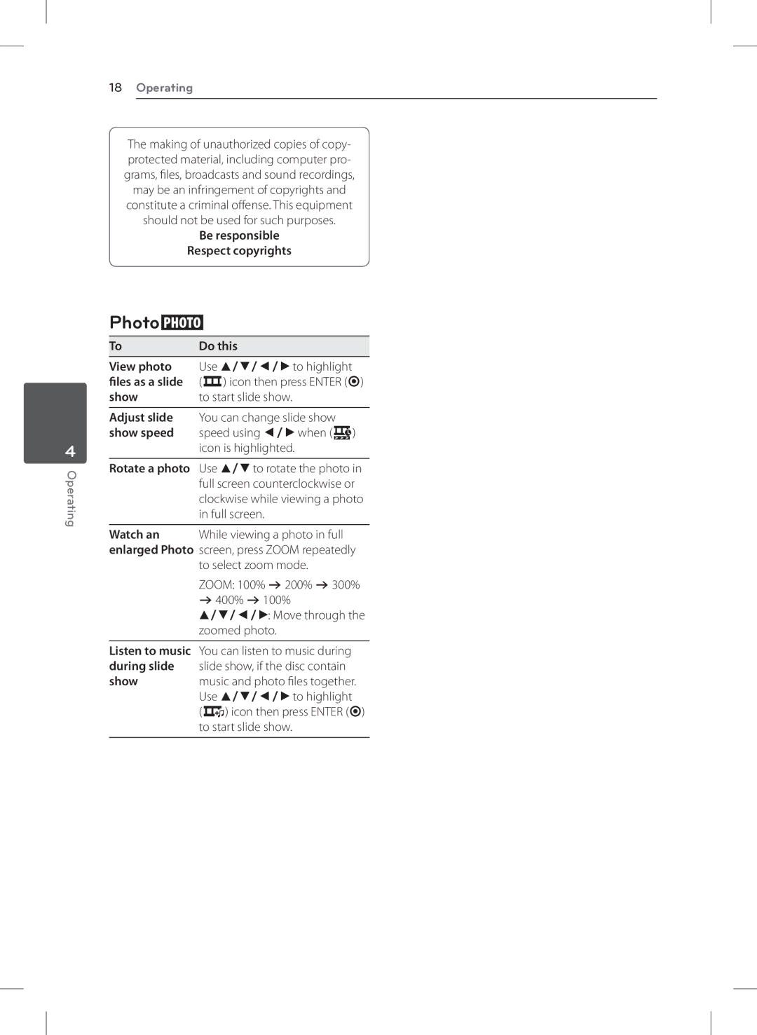 LG Electronics DVX642H owner manual Photoi, Be responsible Respect copyrights, View photo Use w/s/a/dto highlight 