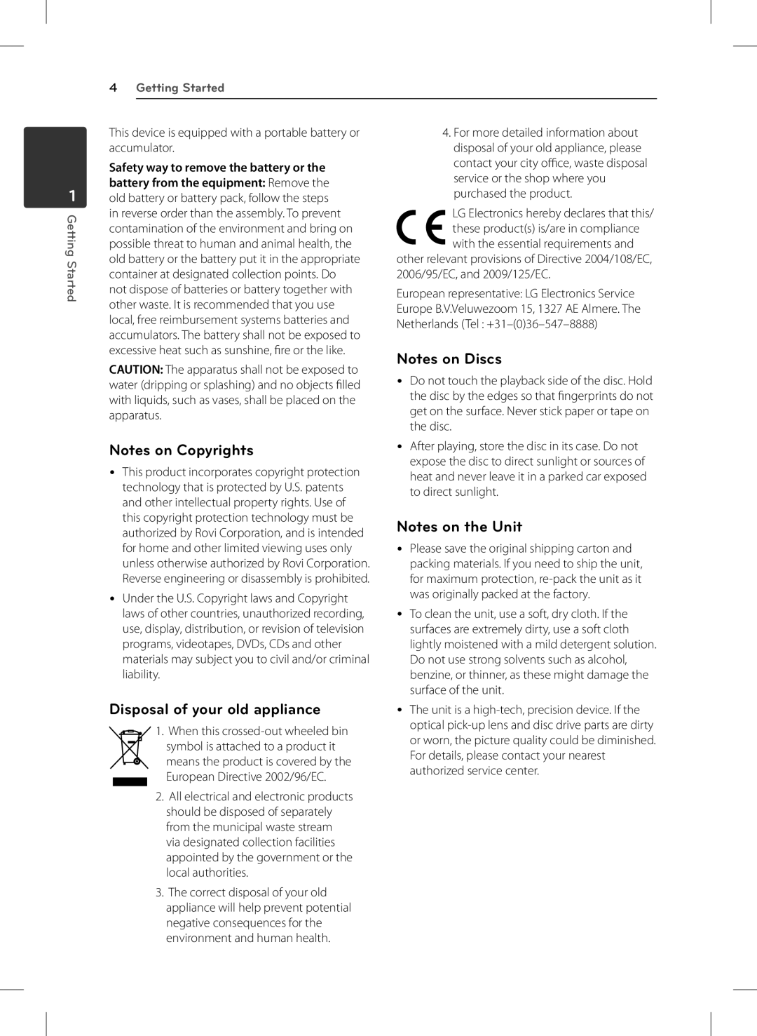 LG Electronics DVX642H owner manual Disposal of your old appliance, Safety way to remove the battery or 