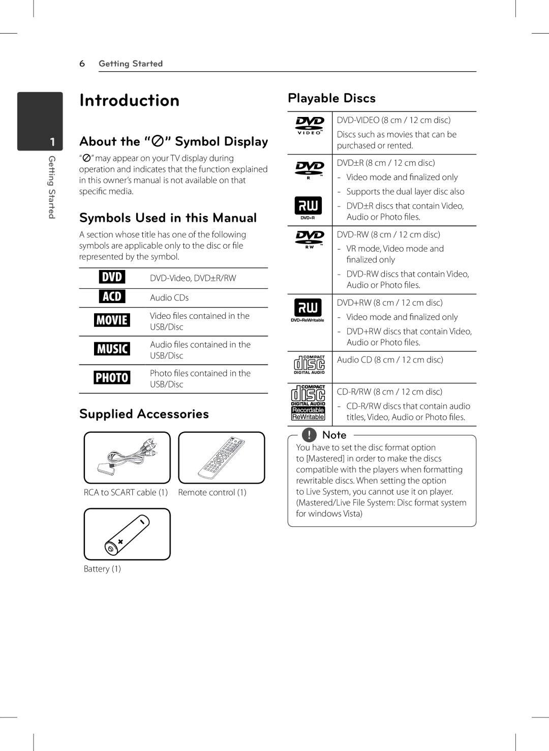 LG Electronics DVX642H Introduction, About the 7 Symbol Display Symbols Used in this Manual, Supplied Accessories 