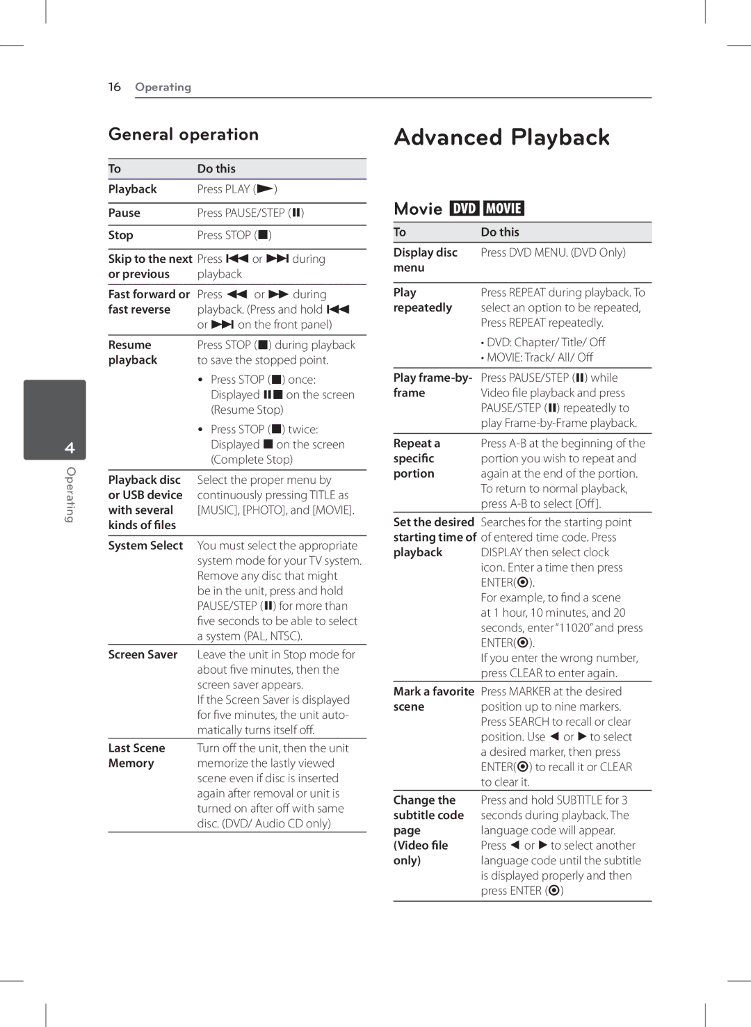 LG Electronics DVX692H owner manual Advanced Playback, General operation, Movie ry 