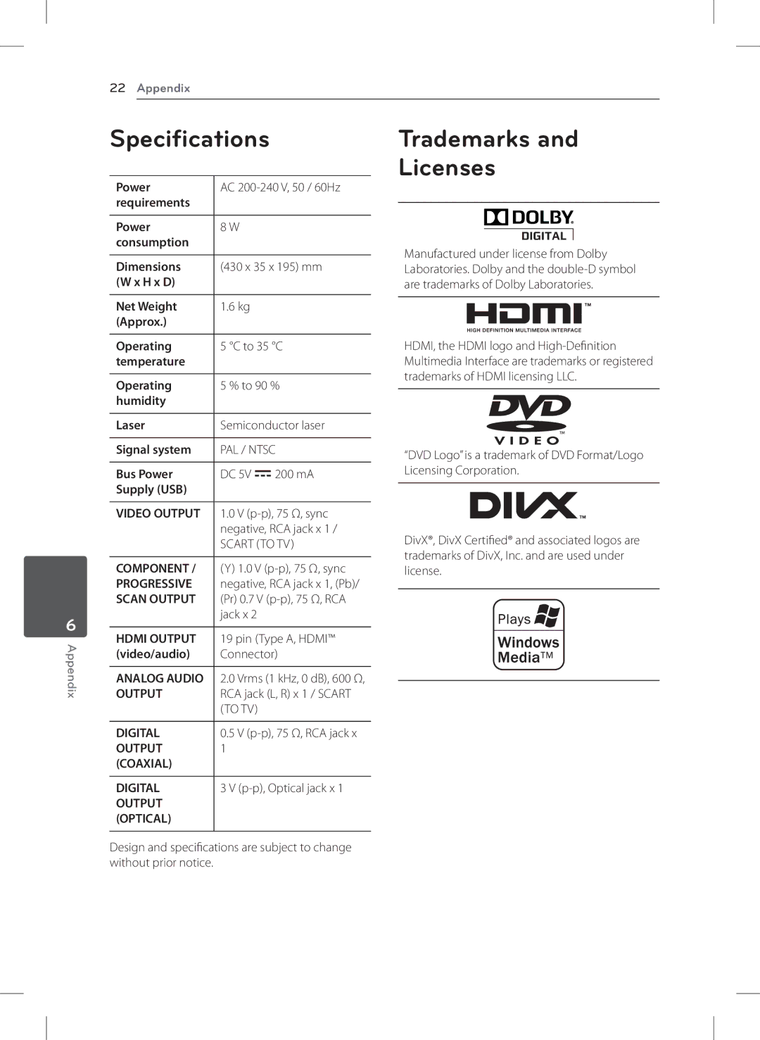 LG Electronics DVX692H owner manual Specifications, Trademarks Licenses 