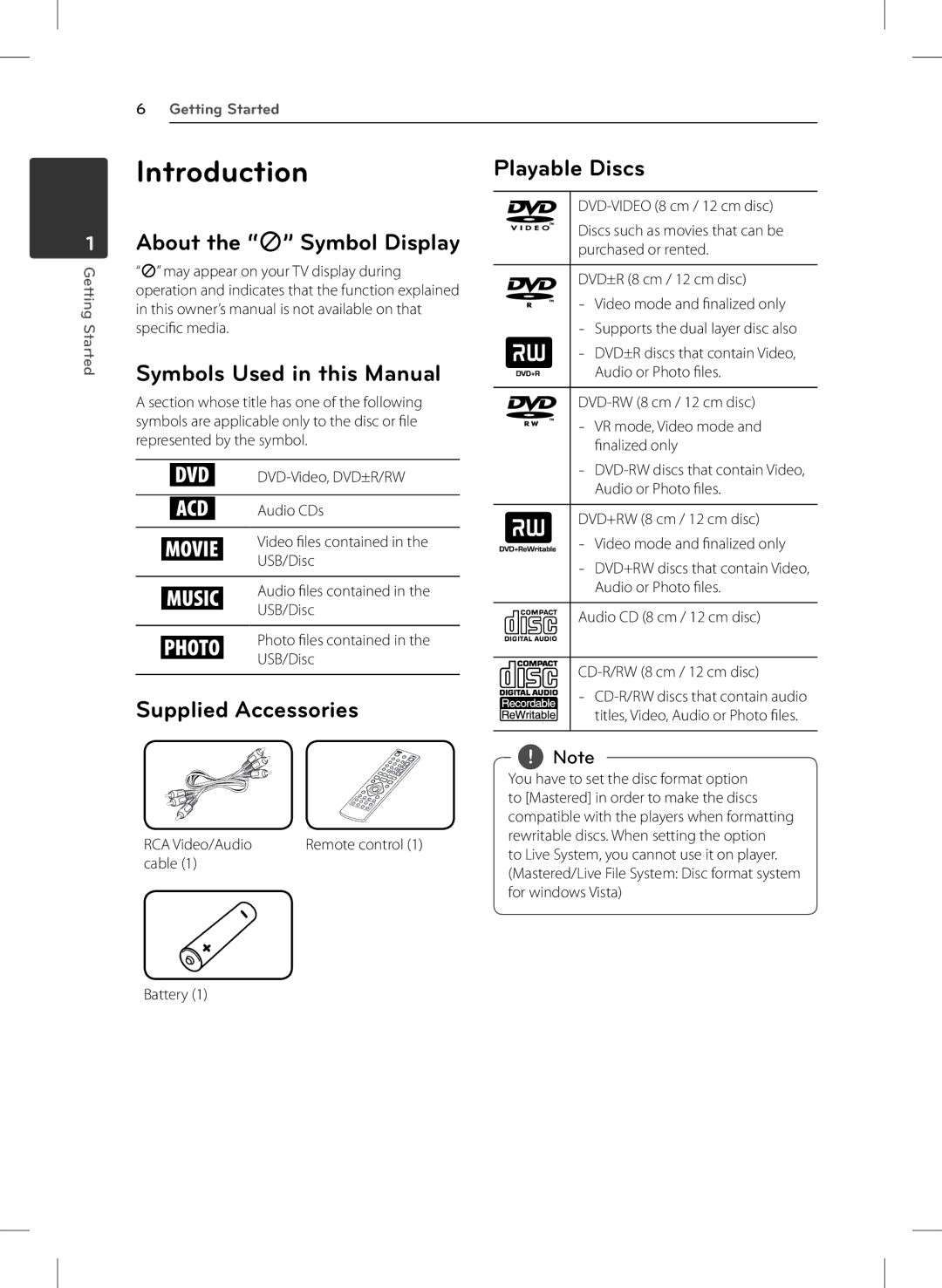 LG Electronics DVX692H Introduction, About the 7 Symbol Display Symbols Used in this Manual, Supplied Accessories 