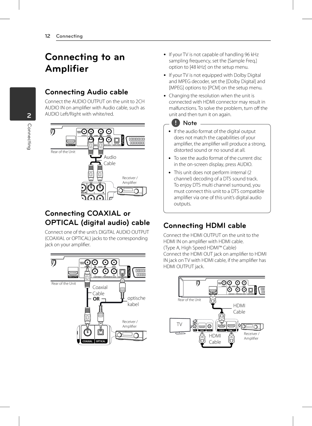 LG Electronics DVX692H owner manual Connecting to an, Amplifier, Connecting Audio cable, Connecting HDMI cable 