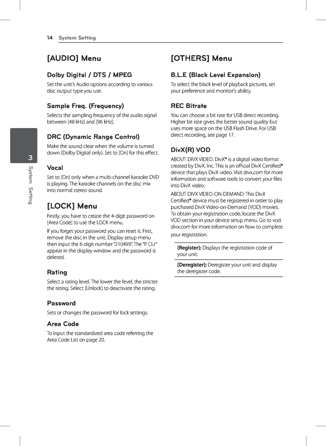 LG Electronics DVX692H owner manual AUDIO Menu, OTHERS Menu, LOCK Menu 