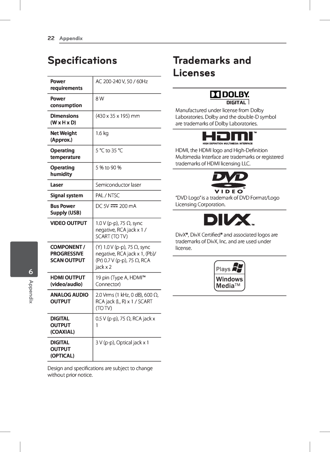 LG Electronics DVX692H owner manual Specifications, Trademarks and Licenses, Appendix 