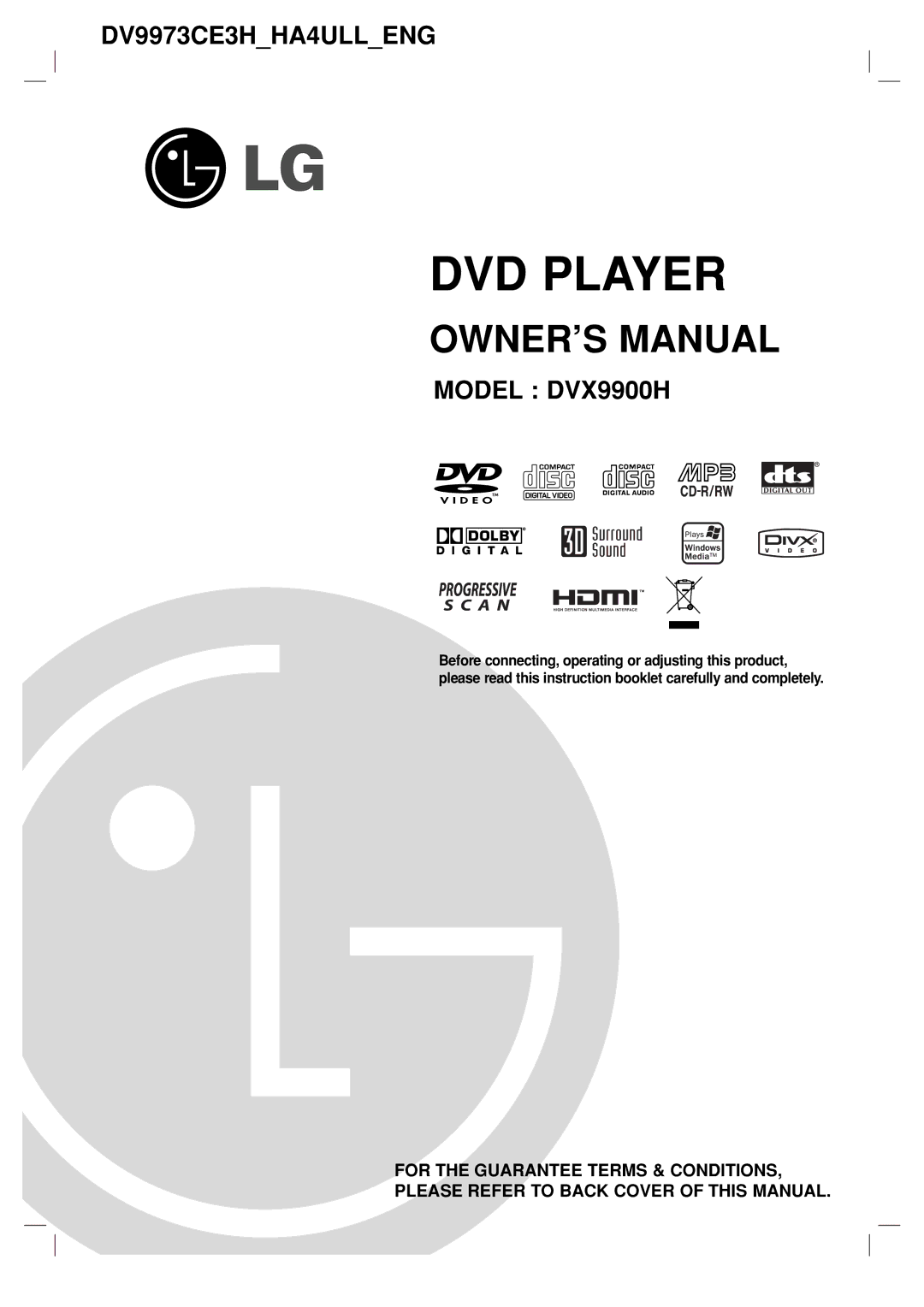 LG Electronics DVX9900H owner manual DVD Player 